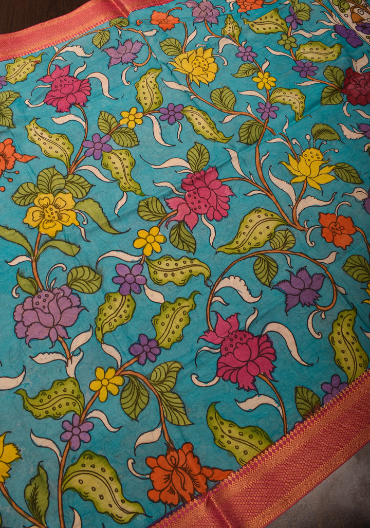 Dupatta: Cyan Pen Kalamkari with floral digital Dupatta on Pure Kanjivaram with Handmade Tassels | SILK MARK CERTIFIED