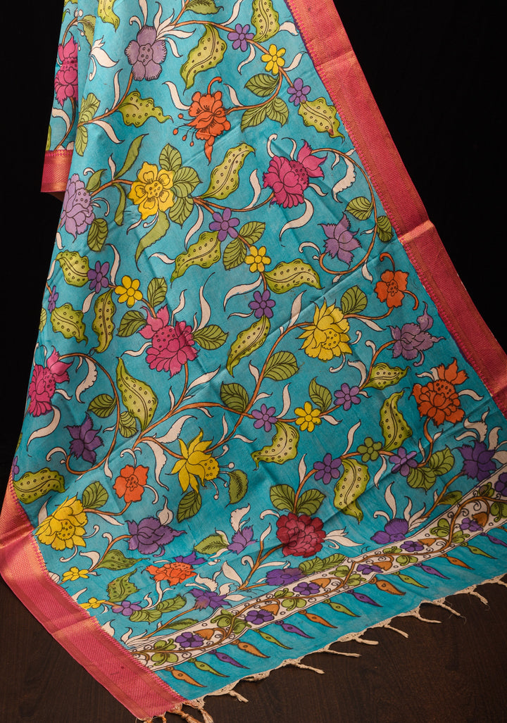 Dupatta: Cyan Pen Kalamkari with floral digital Dupatta on Pure Kanjivaram with Handmade Tassels | SILK MARK CERTIFIED