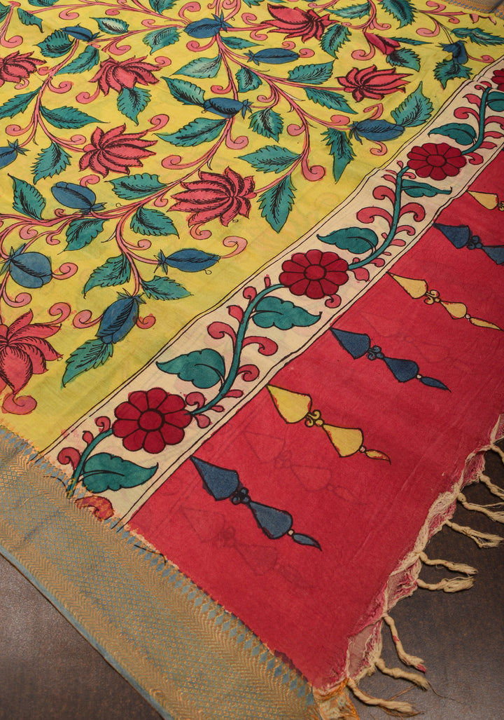 DUPATTA : Yellow Pen Kalamkari Handpainted Dupatta on Mangalagiri cotton