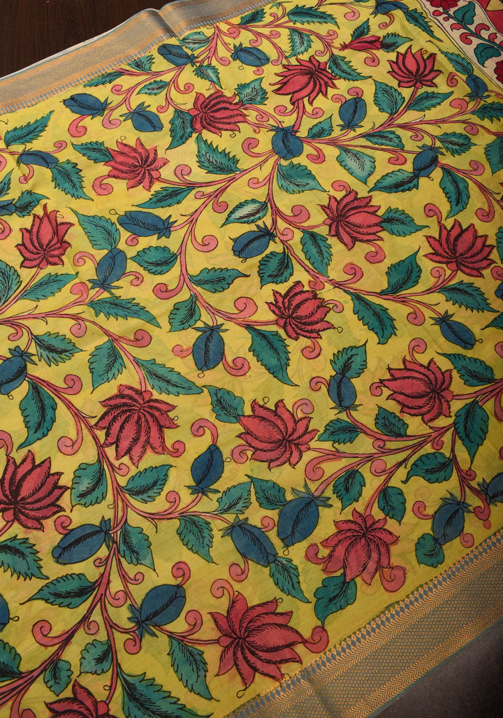 DUPATTA : Yellow Pen Kalamkari Handpainted Dupatta on Mangalagiri cotton
