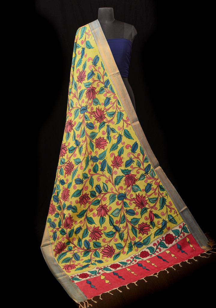 DUPATTA : Yellow Pen Kalamkari Handpainted Dupatta on Mangalagiri cotton