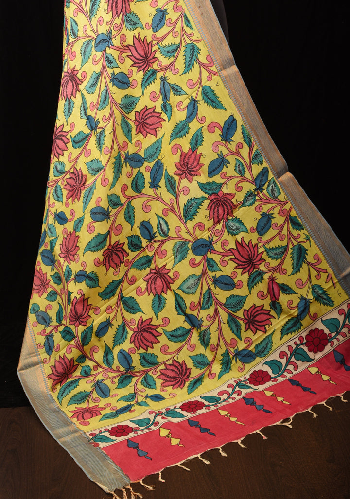 DUPATTA : Yellow Pen Kalamkari Handpainted Dupatta on Mangalagiri cotton