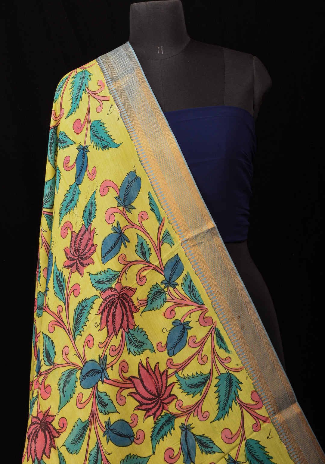 DUPATTA : Yellow Pen Kalamkari Handpainted Dupatta on Mangalagiri cotton