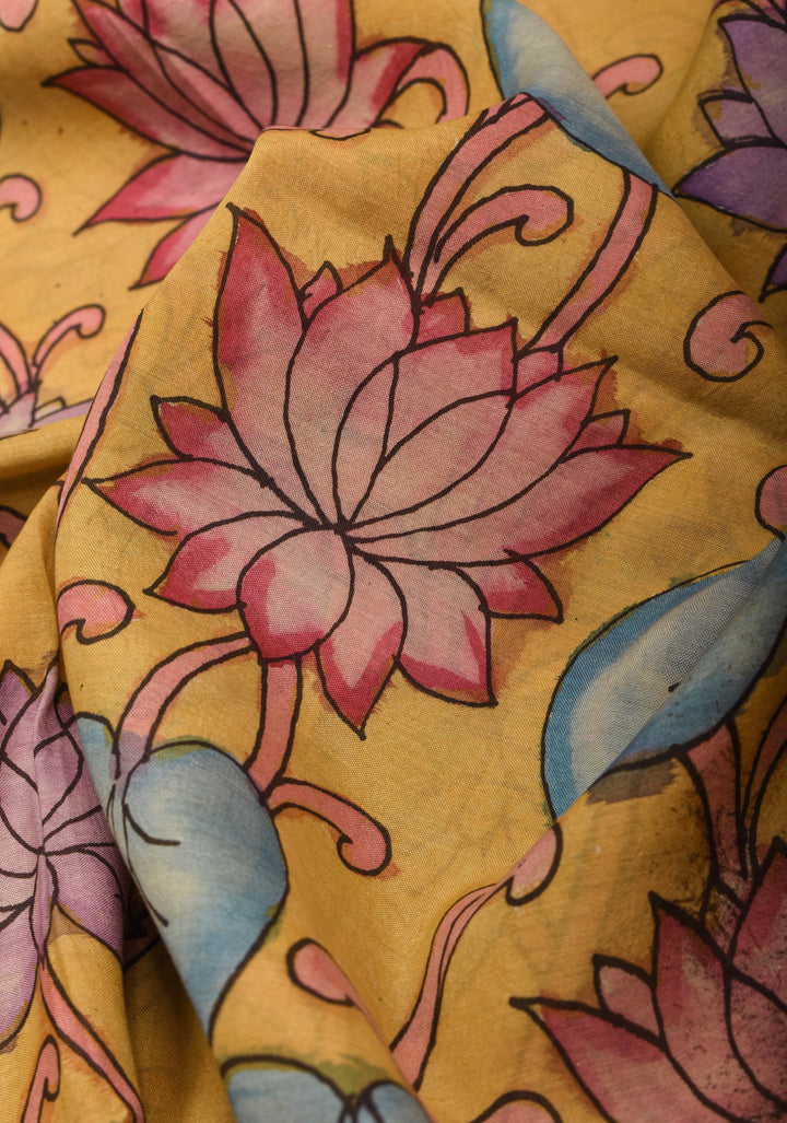 DUPATTA : Yellow Pen Kalamkari Handpainted Dupatta on Mangalagiri cotton