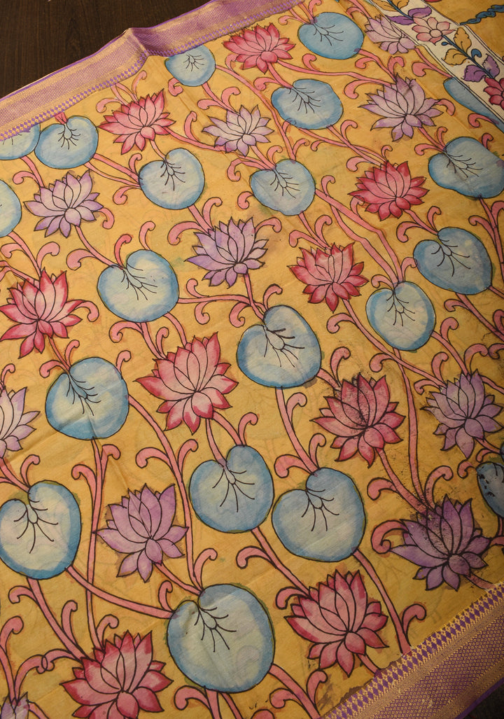 DUPATTA : Yellow Pen Kalamkari Handpainted Dupatta on Mangalagiri cotton