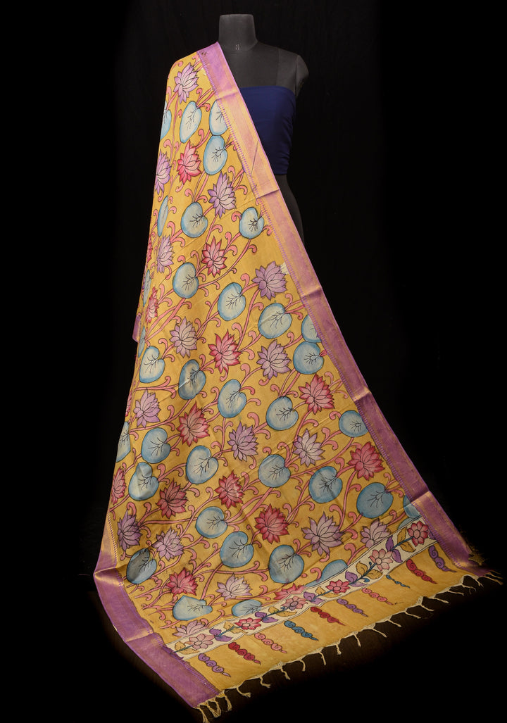 DUPATTA : Yellow Pen Kalamkari Handpainted Dupatta on Mangalagiri cotton