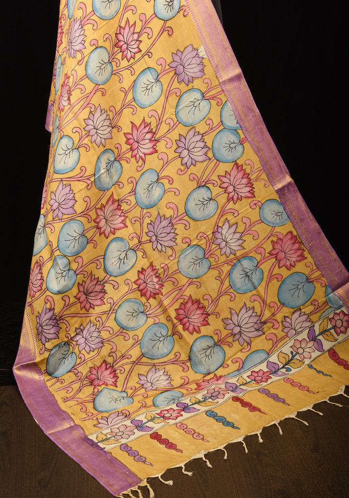 DUPATTA : Yellow Pen Kalamkari Handpainted Dupatta on Mangalagiri cotton