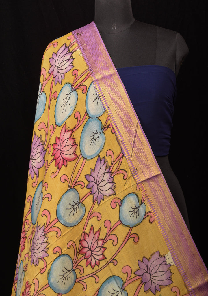 DUPATTA : Yellow Pen Kalamkari Handpainted Dupatta on Mangalagiri cotton