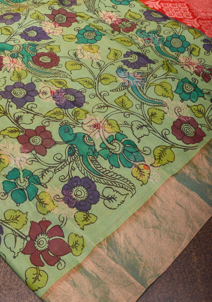 Authentic Floral Pen Kalamkari on Pure Raw Silk Silk saree in Green with wide zari Borders | SILK MARK CERTIFIED