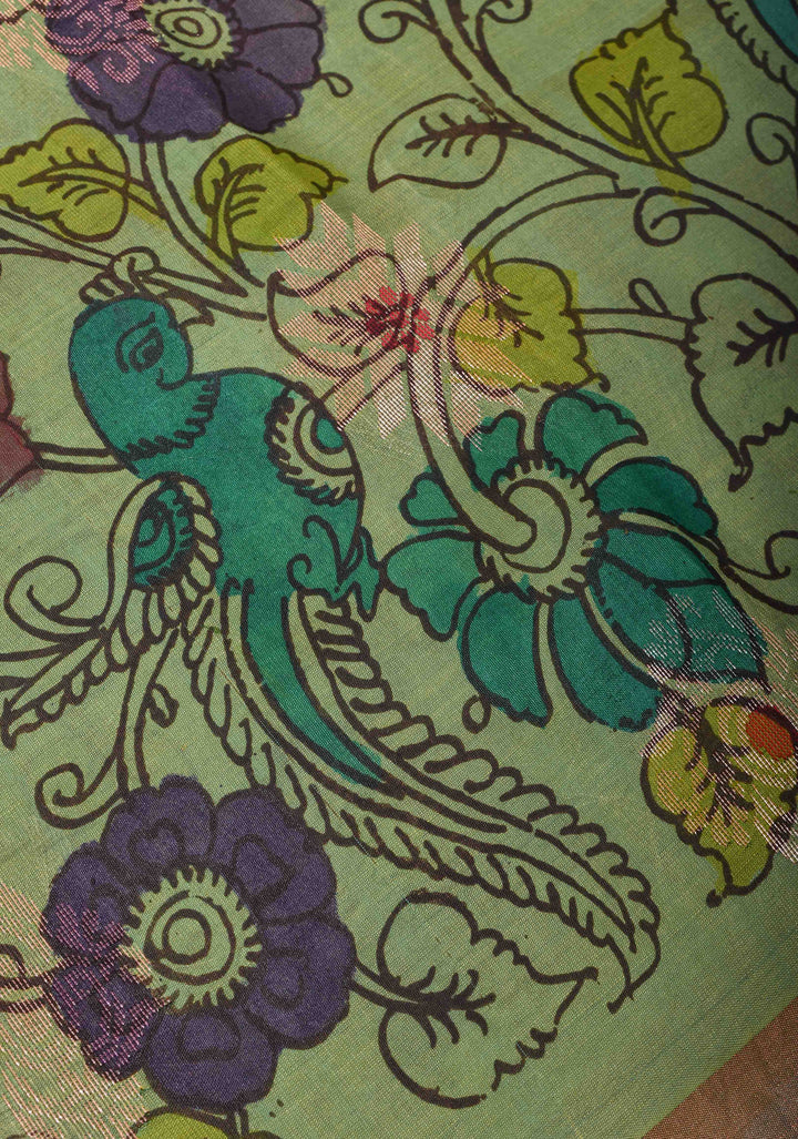 Authentic Floral Pen Kalamkari on Pure Raw Silk Silk saree in Green with wide zari Borders | SILK MARK CERTIFIED