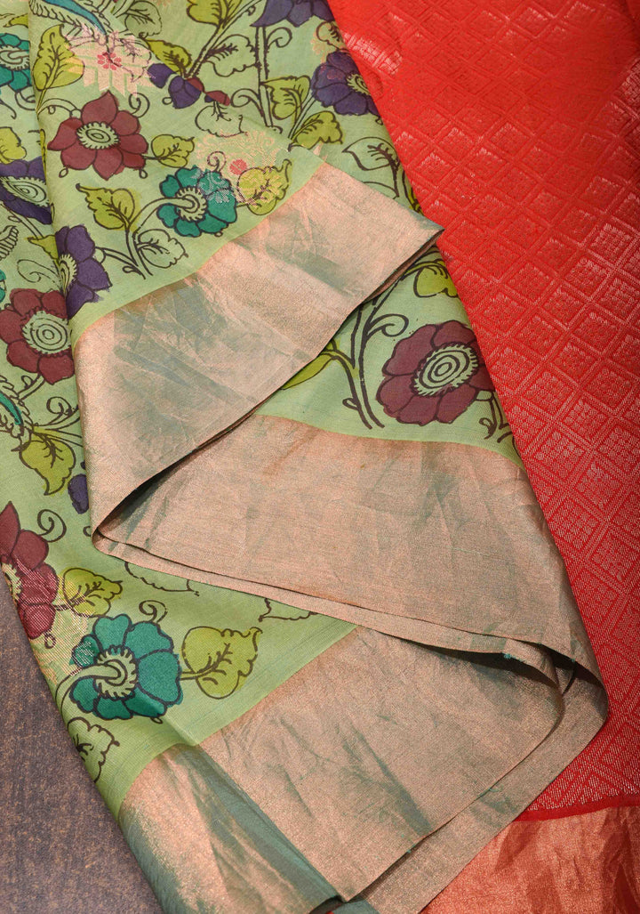 Authentic Floral Pen Kalamkari on Pure Raw Silk Silk saree in Green with wide zari Borders | SILK MARK CERTIFIED