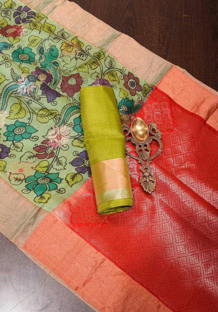 Authentic Floral Pen Kalamkari on Pure Raw Silk Silk saree in Green with wide zari Borders | SILK MARK CERTIFIED