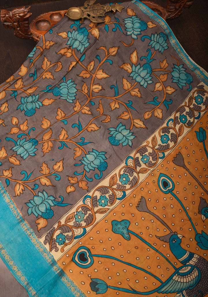 Floral Theme : Grey Authentic Pen kalamkari on pure Chennuri Silk Saree with Border | SILK MARK CERTIFIED
