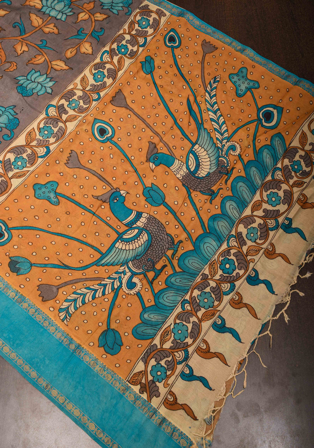 Floral Theme : Grey Authentic Pen kalamkari on pure Chennuri Silk Saree with Border | SILK MARK CERTIFIED
