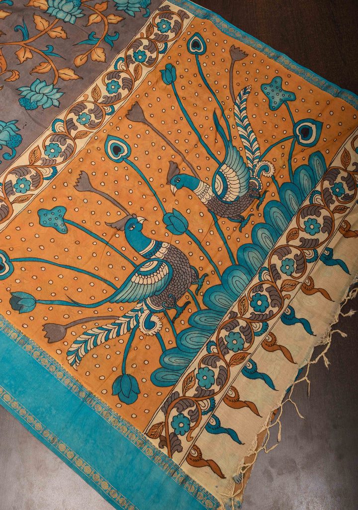 Floral Theme : Grey Authentic Pen kalamkari on pure Chennuri Silk Saree with Border | SILK MARK CERTIFIED