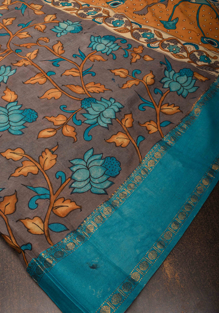 Floral Theme : Grey Authentic Pen kalamkari on pure Chennuri Silk Saree with Border | SILK MARK CERTIFIED