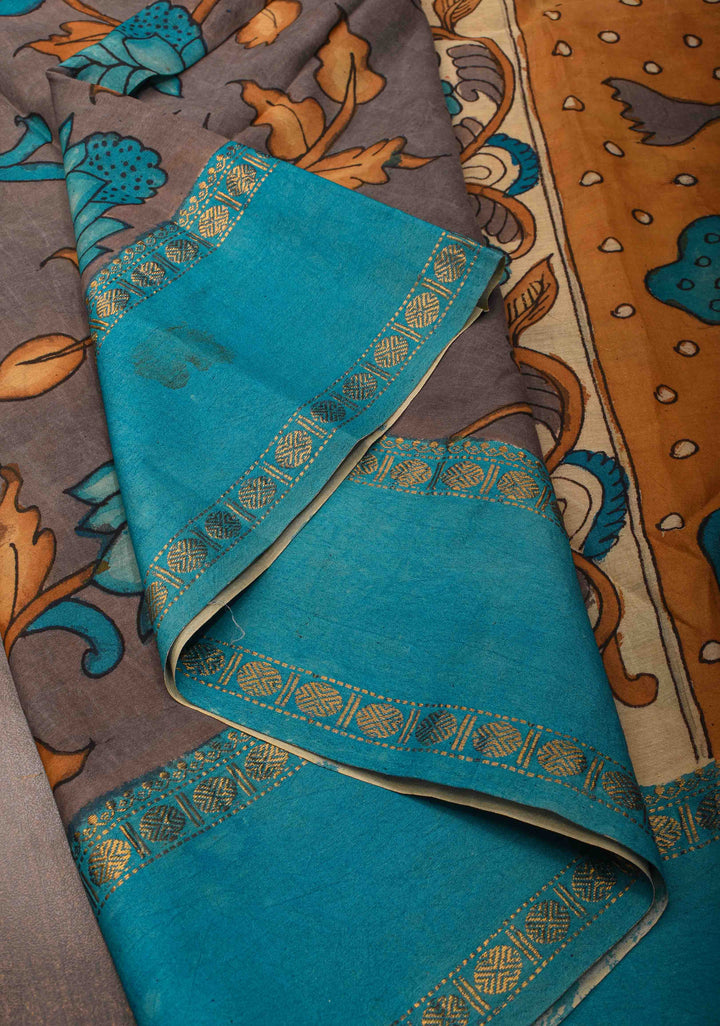 Floral Theme : Grey Authentic Pen kalamkari on pure Chennuri Silk Saree with Border | SILK MARK CERTIFIED
