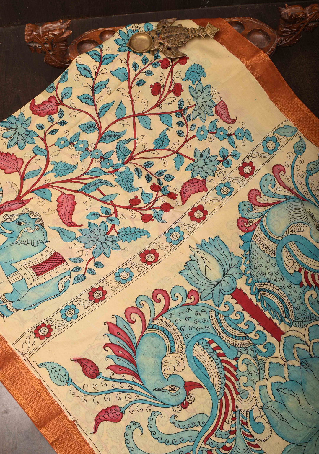 Elephant Theme : Beige Authentic Pen kalamkari on Mangalagiri Silk Saree with zari border