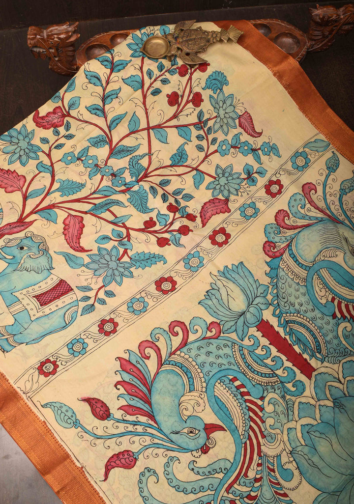 Elephant Theme : Beige Authentic Pen kalamkari on Mangalagiri Silk Saree with zari border