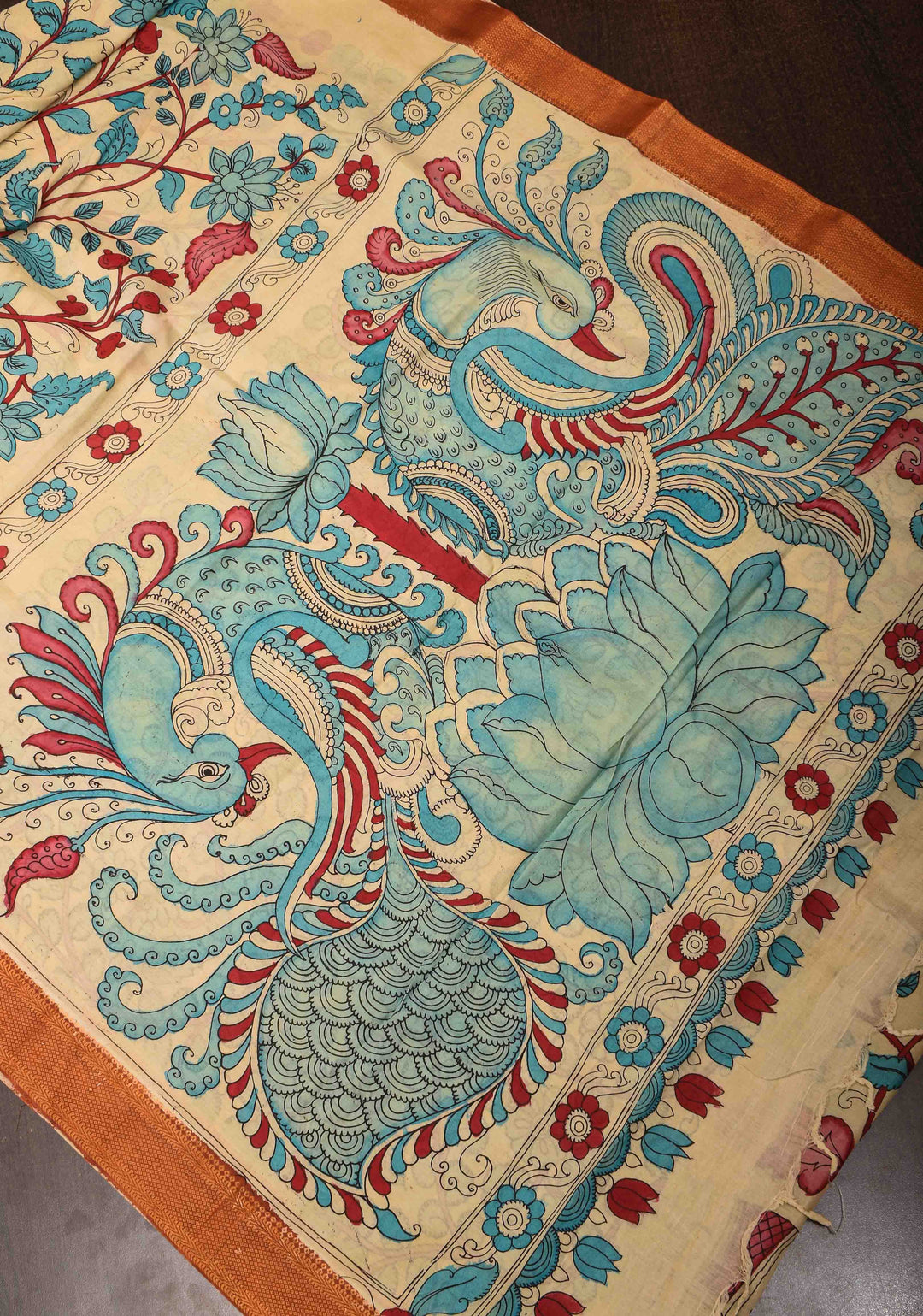 Elephant Theme : Beige Authentic Pen kalamkari on Mangalagiri Silk Saree with zari border