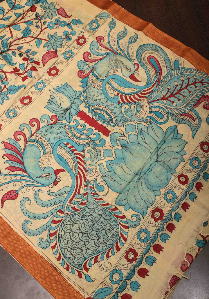 Elephant Theme : Beige Authentic Pen kalamkari on Mangalagiri Silk Saree with zari border