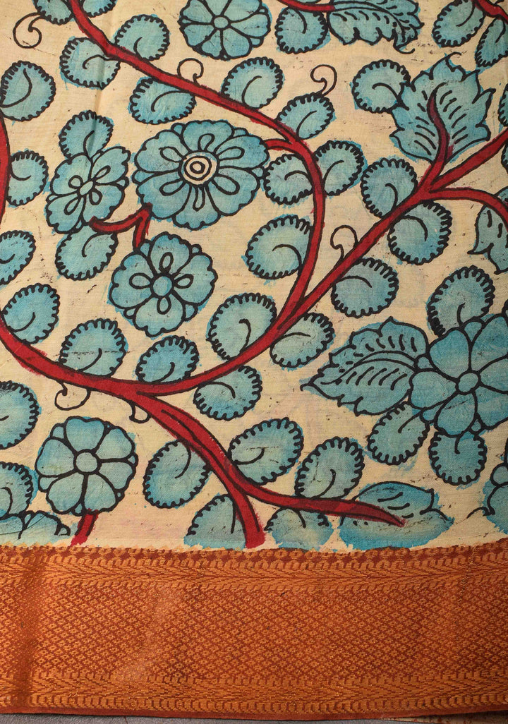 Elephant Theme : Beige Authentic Pen kalamkari on Mangalagiri Silk Saree with zari border