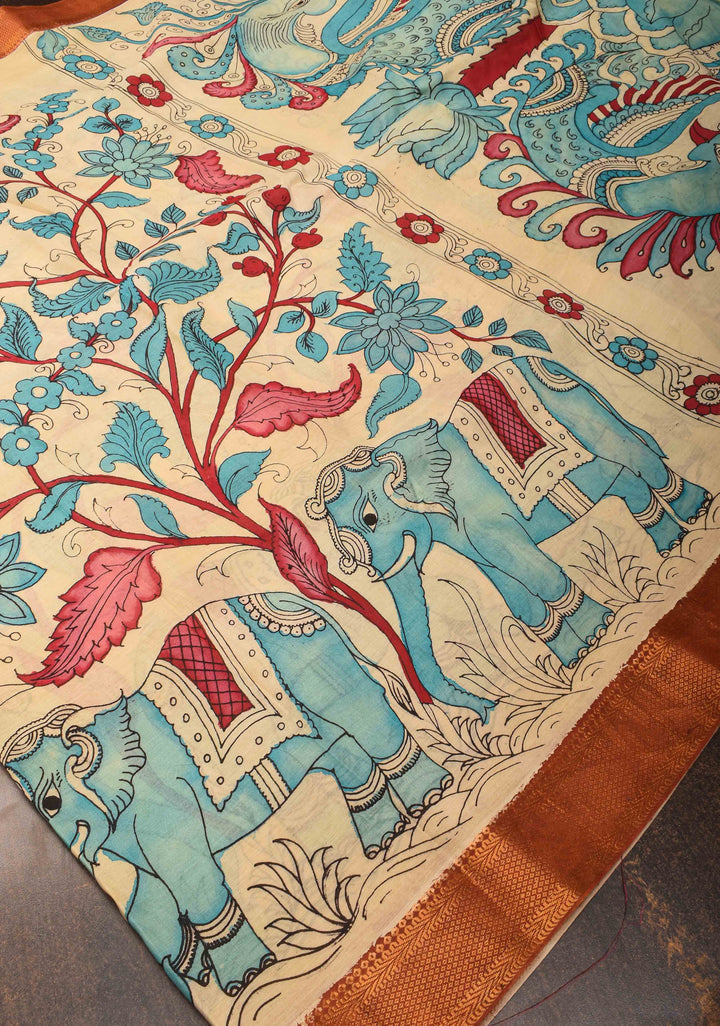 Elephant Theme : Beige Authentic Pen kalamkari on Mangalagiri Silk Saree with zari border