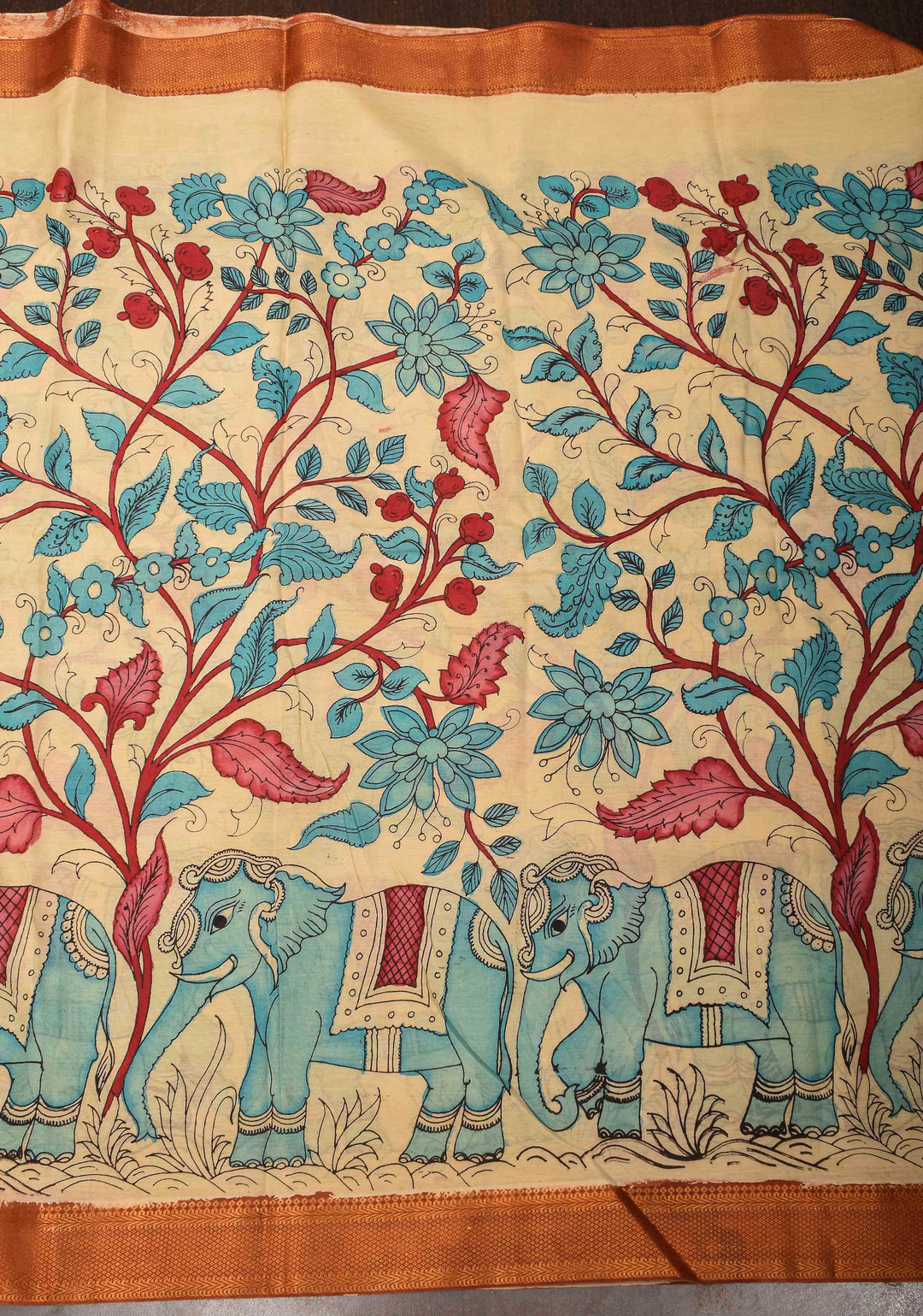 Elephant Theme : Beige Authentic Pen kalamkari on Mangalagiri Silk Saree with zari border