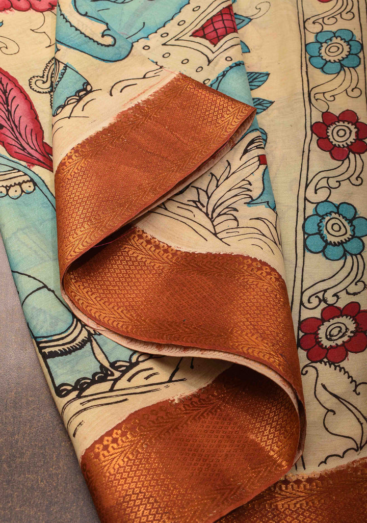 Elephant Theme : Beige Authentic Pen kalamkari on Mangalagiri Silk Saree with zari border