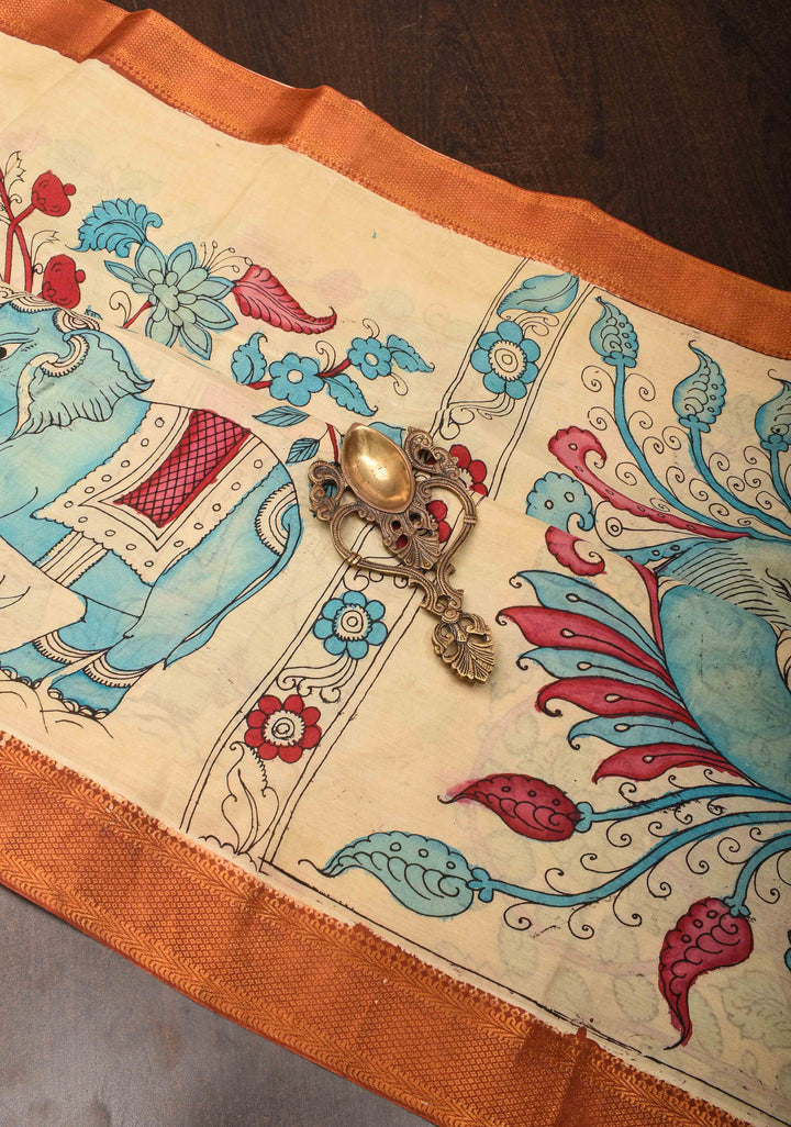 Elephant Theme : Beige Authentic Pen kalamkari on Mangalagiri Silk Saree with zari border