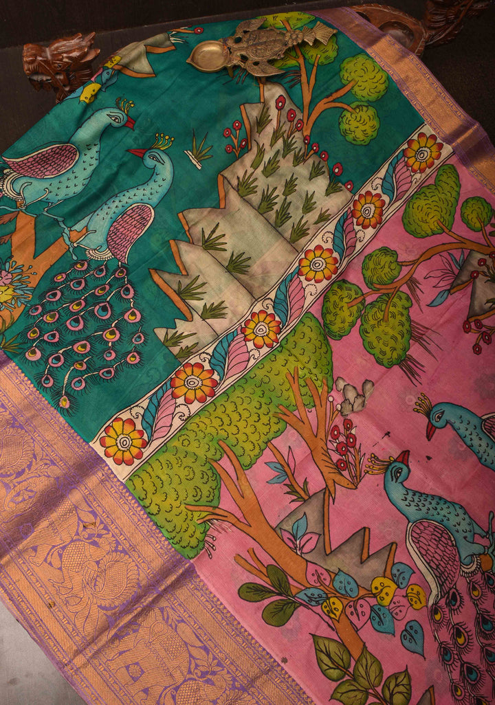 Twin Peacock Theme : Authentic Pen kalamkari on pure Chennuri Silk Saree with Wide Zari Border | SILK MARK CERTIFIED