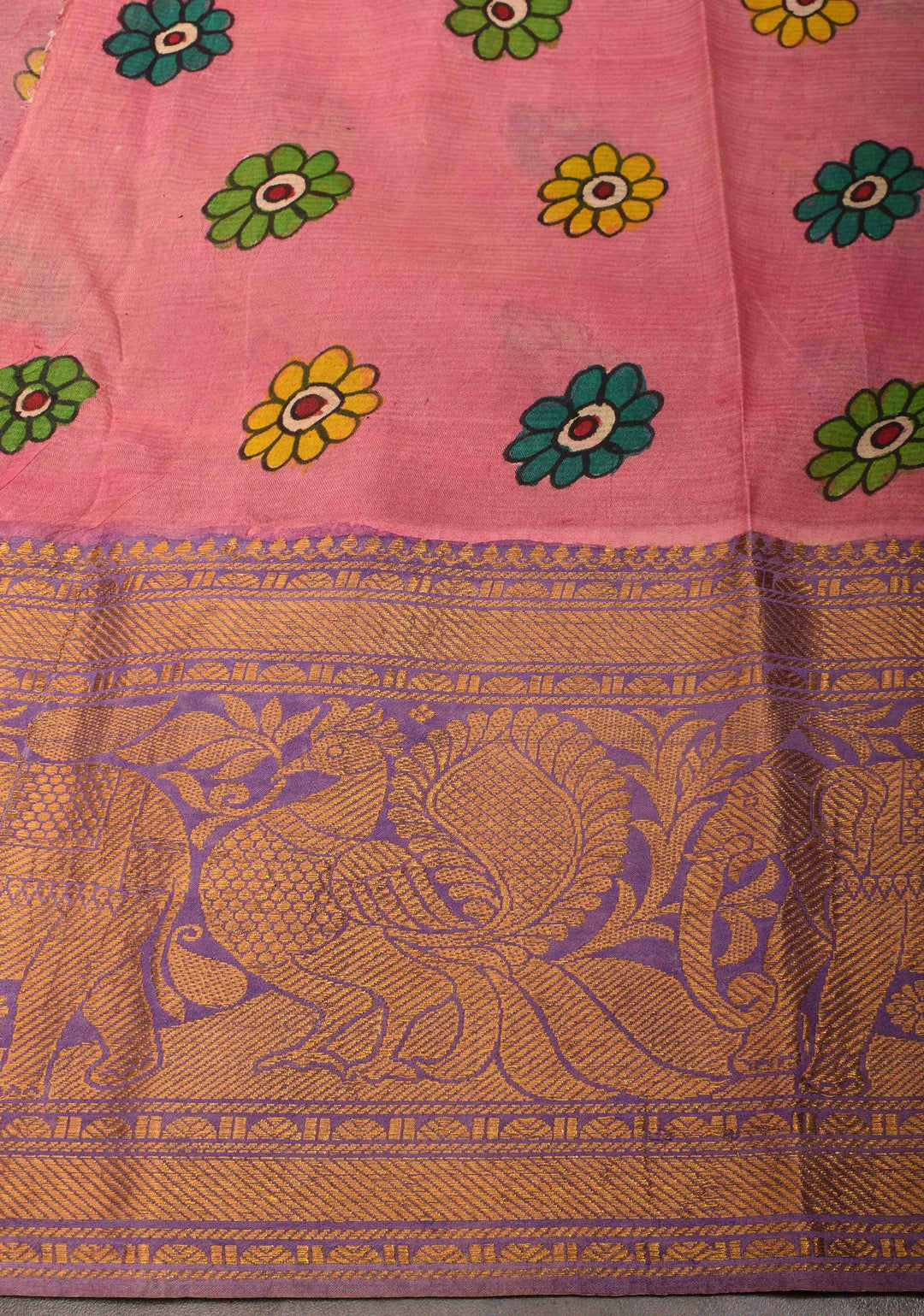 Twin Peacock Theme : Authentic Pen kalamkari on pure Chennuri Silk Saree with Wide Zari Border | SILK MARK CERTIFIED