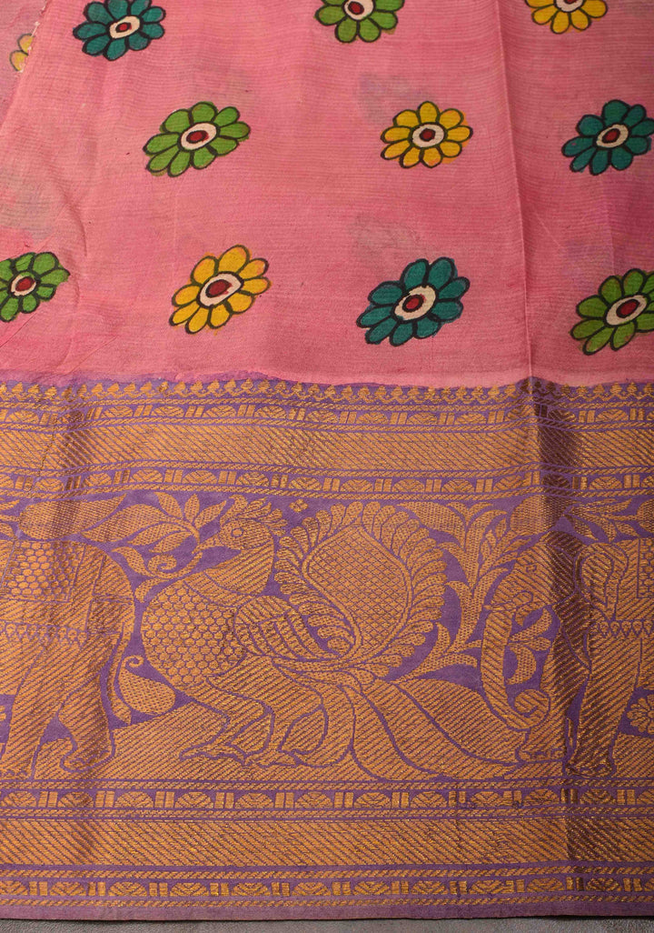 Twin Peacock Theme : Authentic Pen kalamkari on pure Chennuri Silk Saree with Wide Zari Border | SILK MARK CERTIFIED
