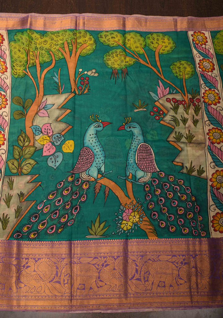 Twin Peacock Theme : Authentic Pen kalamkari on pure Chennuri Silk Saree with Wide Zari Border | SILK MARK CERTIFIED