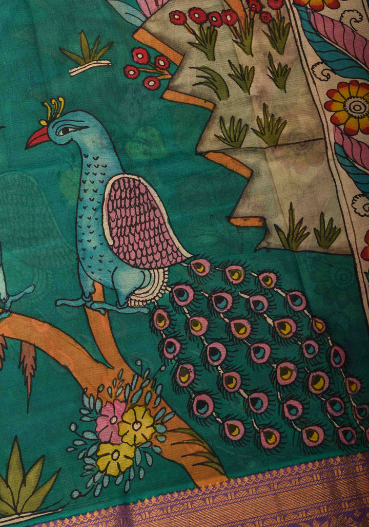 Twin Peacock Theme : Authentic Pen kalamkari on pure Chennuri Silk Saree with Wide Zari Border | SILK MARK CERTIFIED