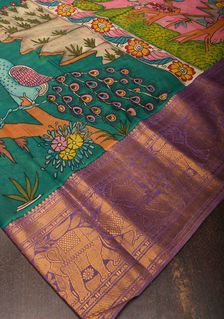 Twin Peacock Theme : Authentic Pen kalamkari on pure Chennuri Silk Saree with Wide Zari Border | SILK MARK CERTIFIED