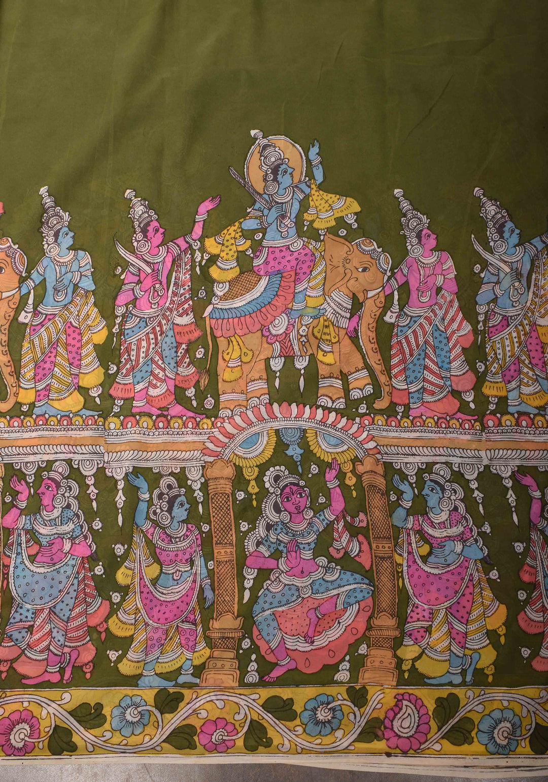 Urigempu Theme : Henna green Authentic pen kalamkari on pure Georgette Silk Saree | SILK MARK CERTIFIED