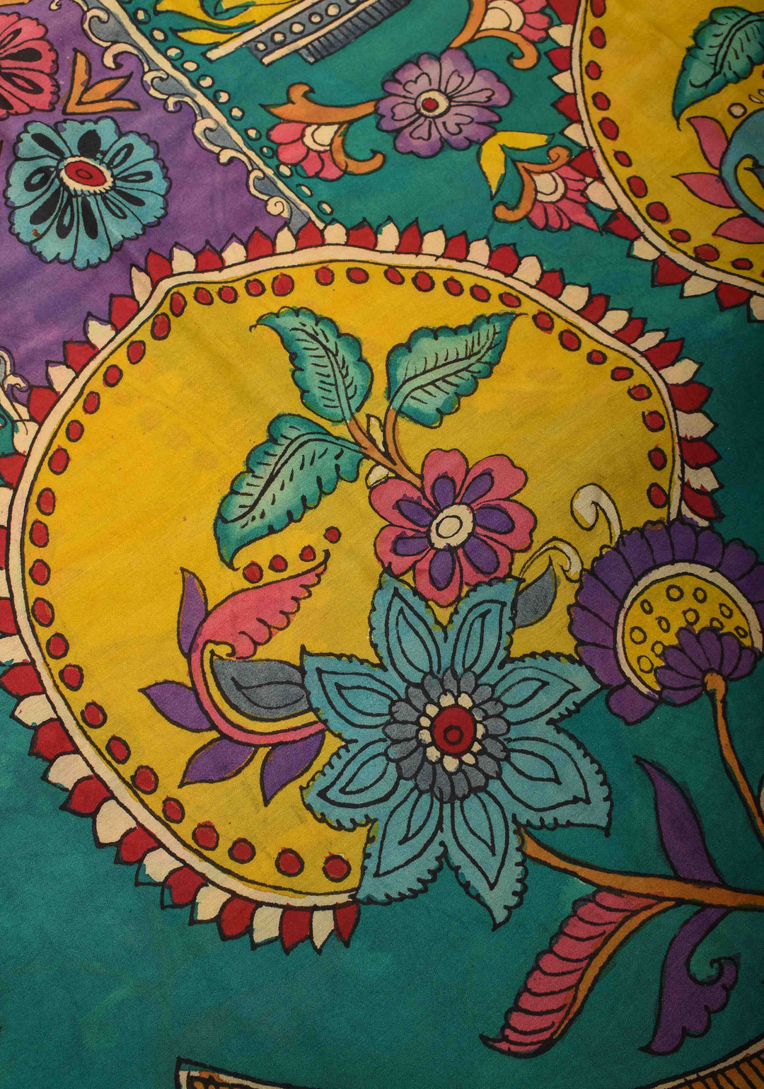 Floral Theme : Purple Authentic Pen kalamkari on Mangalagiri Silk Saree with zari border