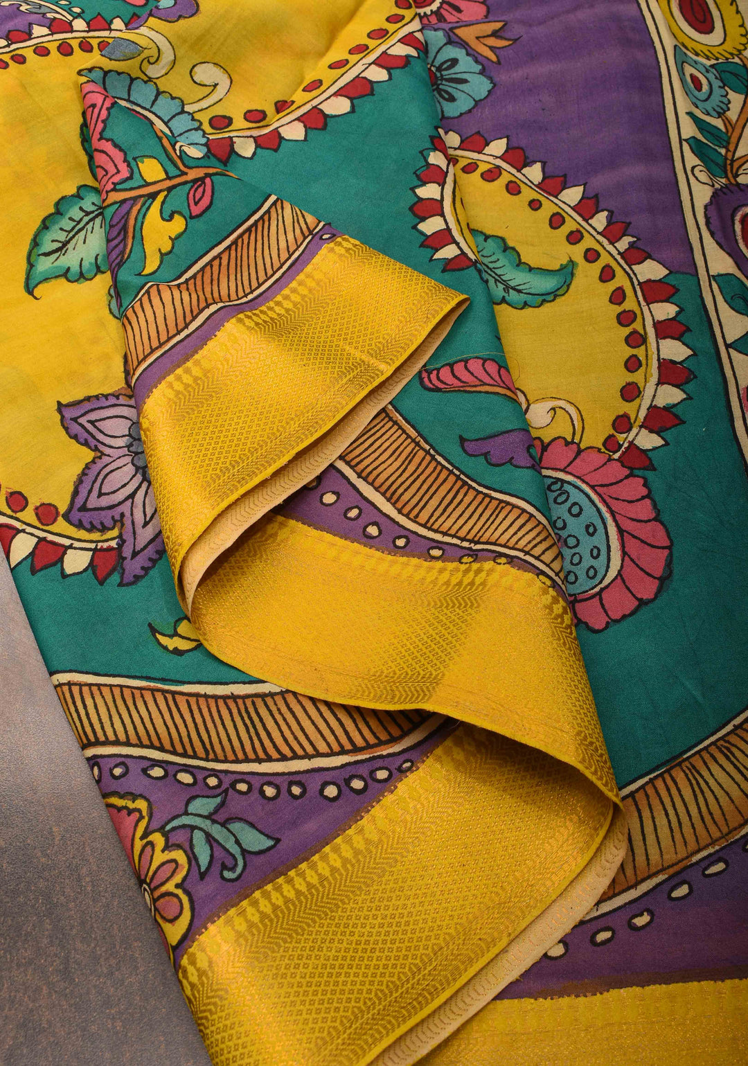 Floral Theme : Purple Authentic Pen kalamkari on Mangalagiri Silk Saree with zari border