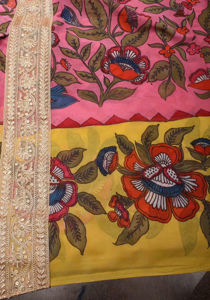 Floral Theme : Pink Authentic pen kalamkari on pure Georgette Silk Saree with Lace Border | SILK MARK CERTIFIED