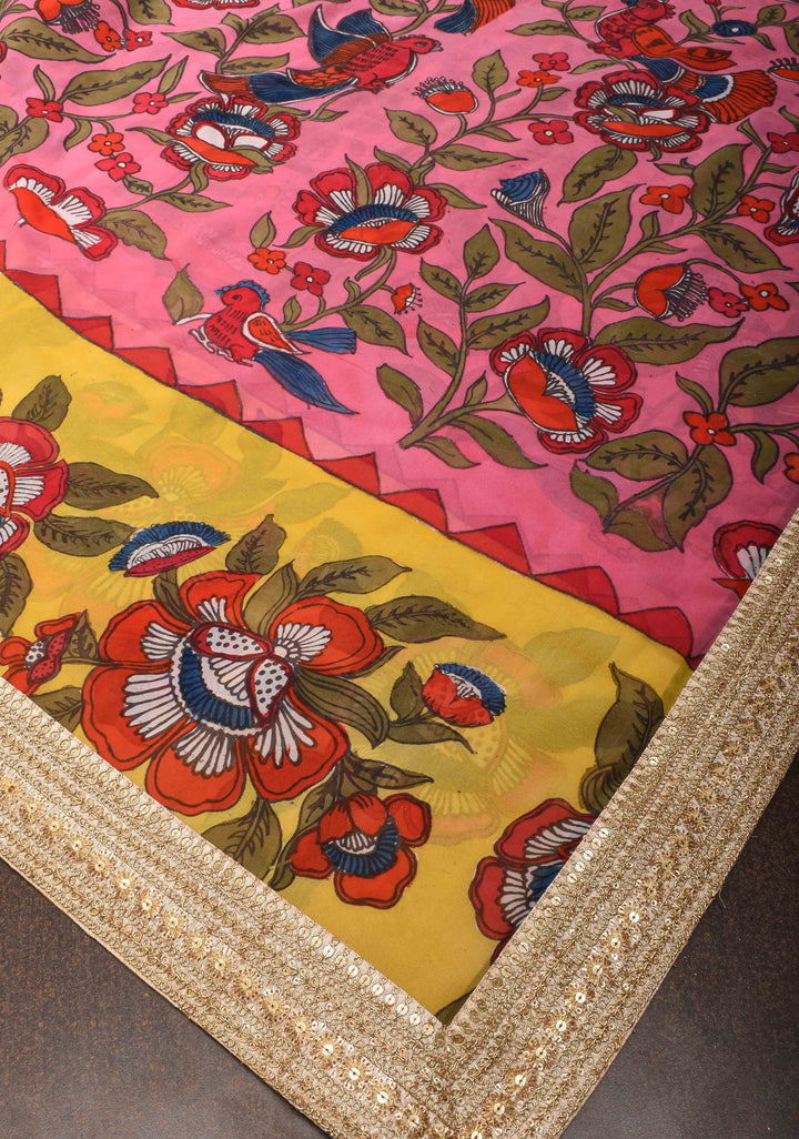 Floral Theme : Pink Authentic pen kalamkari on pure Georgette Silk Saree with Lace Border | SILK MARK CERTIFIED