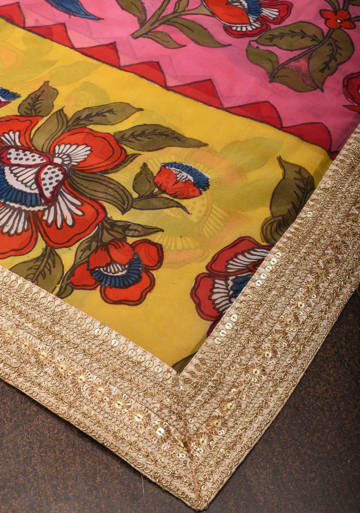 Floral Theme : Pink Authentic pen kalamkari on pure Georgette Silk Saree with Lace Border | SILK MARK CERTIFIED