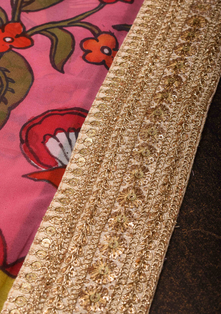 Floral Theme : Pink Authentic pen kalamkari on pure Georgette Silk Saree with Lace Border | SILK MARK CERTIFIED