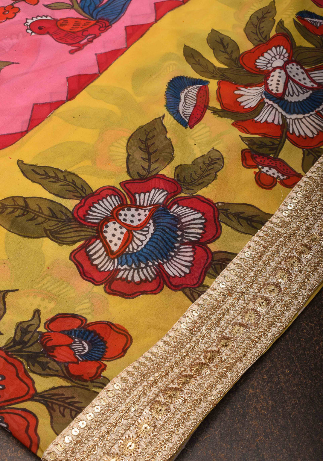 Floral Theme : Pink Authentic pen kalamkari on pure Georgette Silk Saree with Lace Border | SILK MARK CERTIFIED