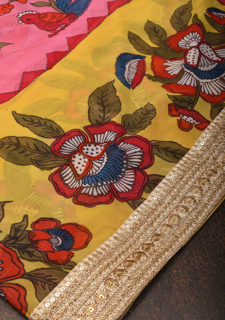 Floral Theme : Pink Authentic pen kalamkari on pure Georgette Silk Saree with Lace Border | SILK MARK CERTIFIED