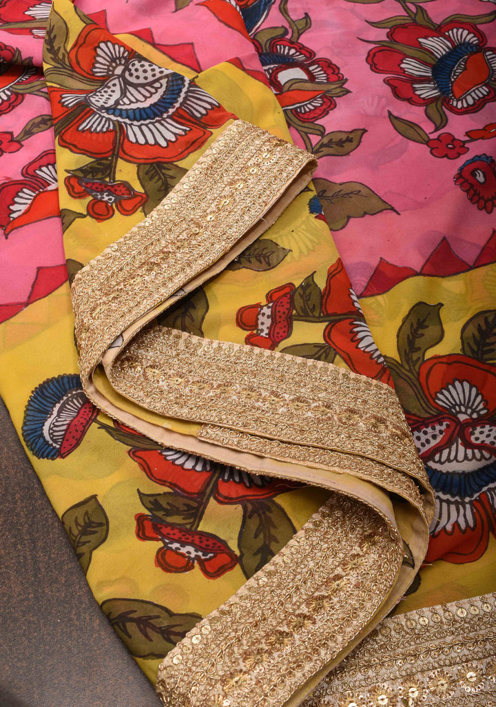 Floral Theme : Pink Authentic pen kalamkari on pure Georgette Silk Saree with Lace Border | SILK MARK CERTIFIED