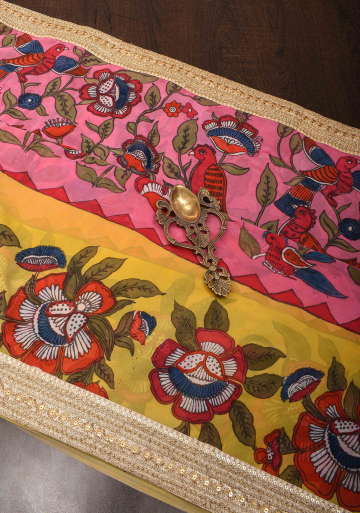Floral Theme : Pink Authentic pen kalamkari on pure Georgette Silk Saree with Lace Border | SILK MARK CERTIFIED