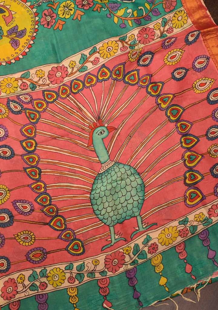 Floral Theme : Teal Authentic Pen kalamkari on pure Chennuri Silk Saree with zari border and Peacock motif on Pallu