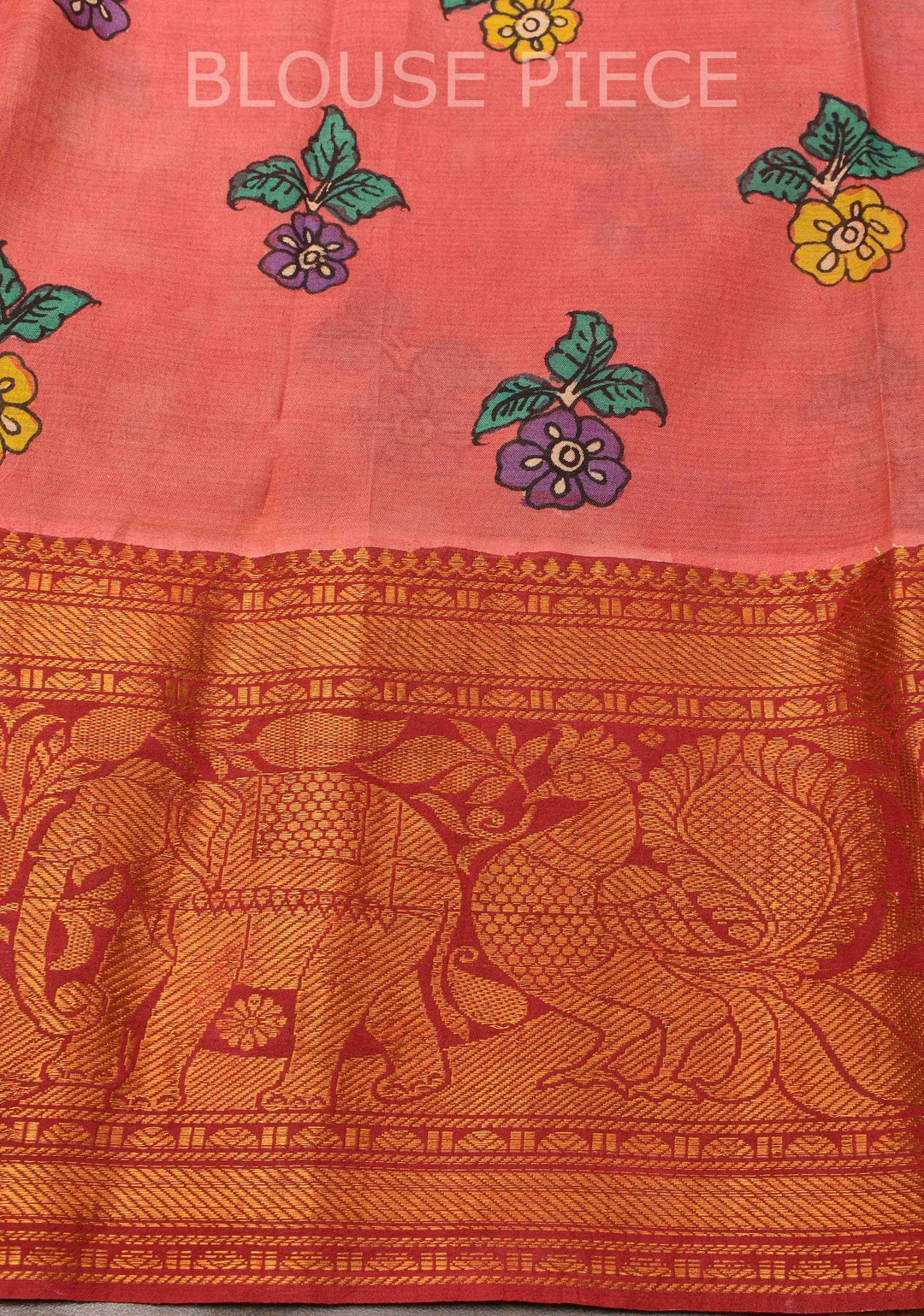 Floral Theme : Teal Authentic Pen kalamkari on pure Chennuri Silk Saree with zari border and Peacock motif on Pallu