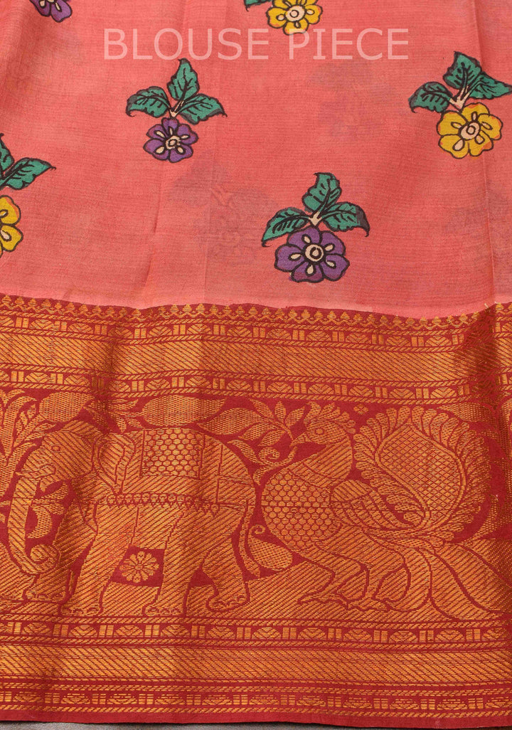 Floral Theme : Teal Authentic Pen kalamkari on pure Chennuri Silk Saree with zari border and Peacock motif on Pallu
